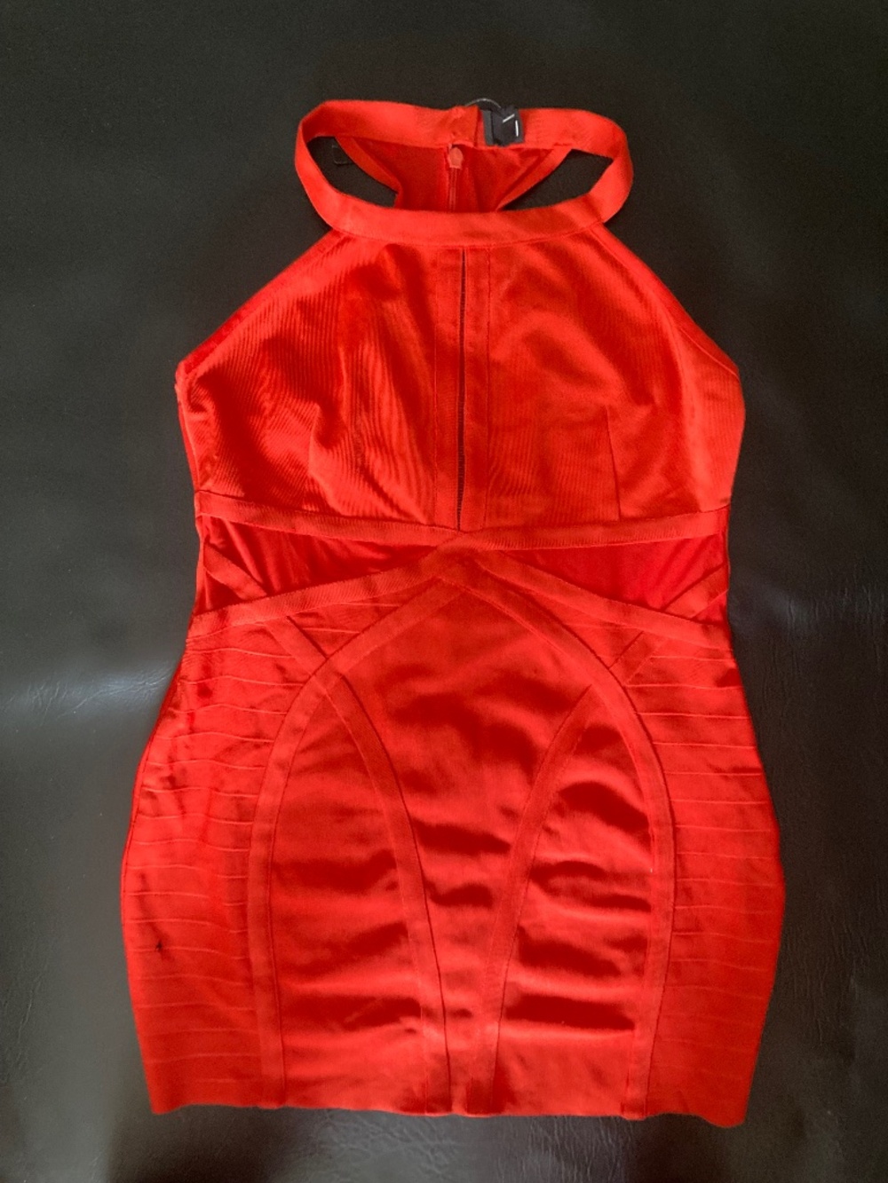 New Bebe 2b Orange red mesh cutout halter bandage dress XL